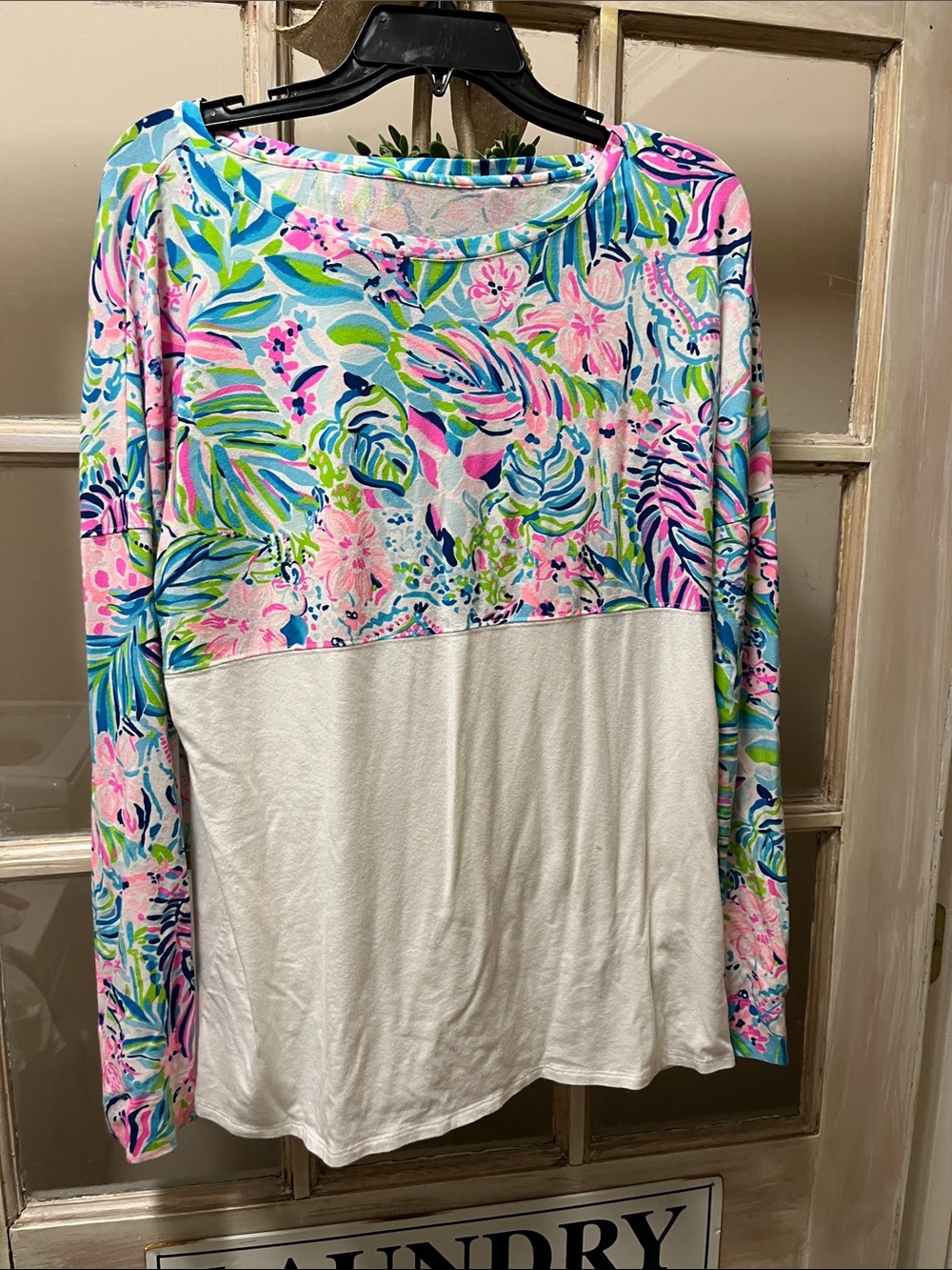 Lilly Pulitzer White Long-Sleeve Top with Pink, Blue & Green Floral Panel